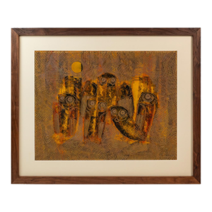Rare Mid-Century Modern Earth Toned Parliament of Owls Painting With Custom-Made Walnut Frame Attributed to Sukhya, C. 1960s