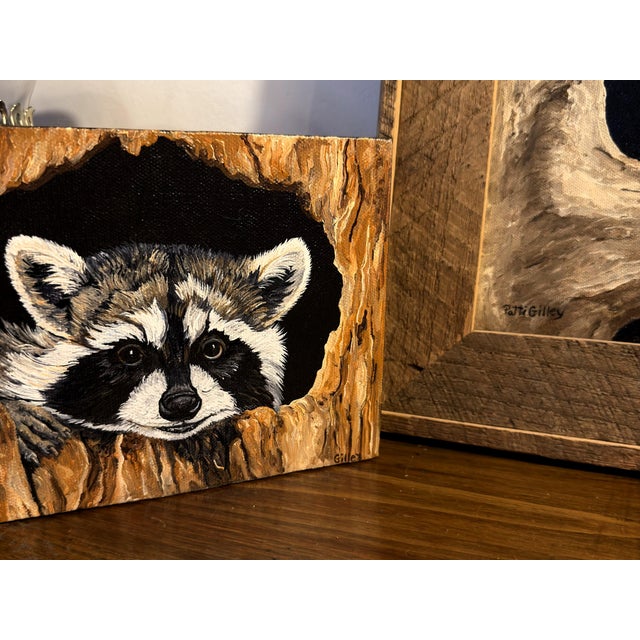Cabin Original Wildlife Painting Pair by Patti Gilley – "Night Crawler" & "Peek-a-Boo" Raccoon Art For Sale - Image 3 of 18