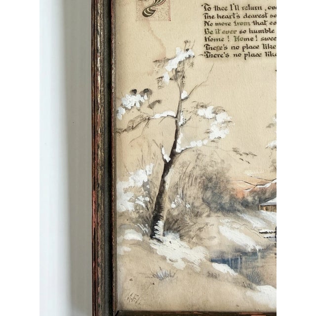 Paint Antique Watercolor Painting of Homestead & Barn in Winter W/ Home Sweet Home Poem For Sale - Image 7 of 11