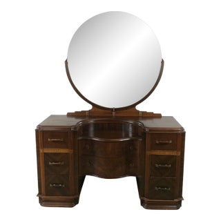 Art Deco Vanity With 8 Dovetailed Drawers and Round Mounted Mirror For Sale