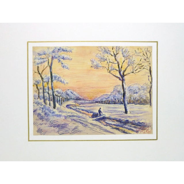 Snowy Winter Landscape With Lavender Snow Covered Trees and Coral Sky For Sale - Image 4 of 5