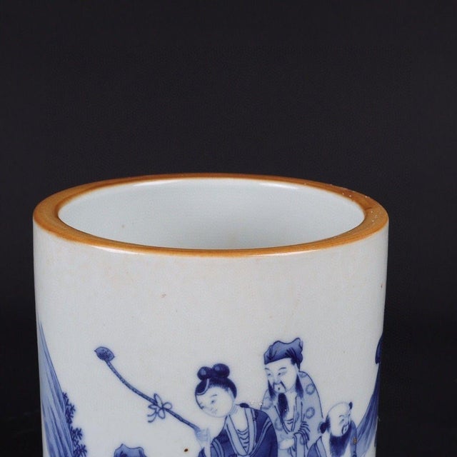 Vintage Blue & White Porcelain Brush Pot With Eight Immortals For Sale - Image 9 of 9