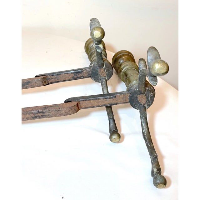 Pair of Turned 18th Century Peened Brass Wrought Iron Georgian Andirons 1700's For Sale - Image 12 of 12