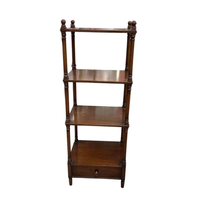Burnt Umber Vintage Four-Tier Turned-Wood Étagère Stand With Base Drawer For Sale - Image 8 of 12