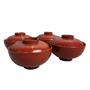 20th Century Taishō Urushi Maki-E Rice and Soup Bowls, Japan, Set of 4