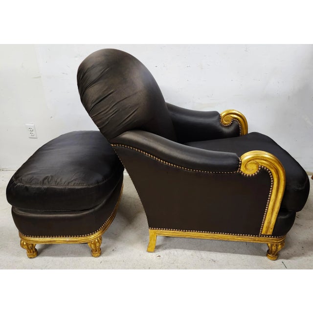 Art Deco Late 20th Century Club Chair & Ottoman Gilt Finish For Sale - Image 3 of 13