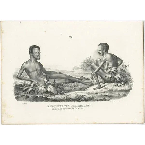 Antique print titled 'Bewohner von Diemensland, Habitans de terre de Diemen'. This print depicts inhabitants of Van...