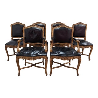 Late 20th Century French Louis XV Leather Dining Chairs by Baker Furniture, Set of 6 For Sale