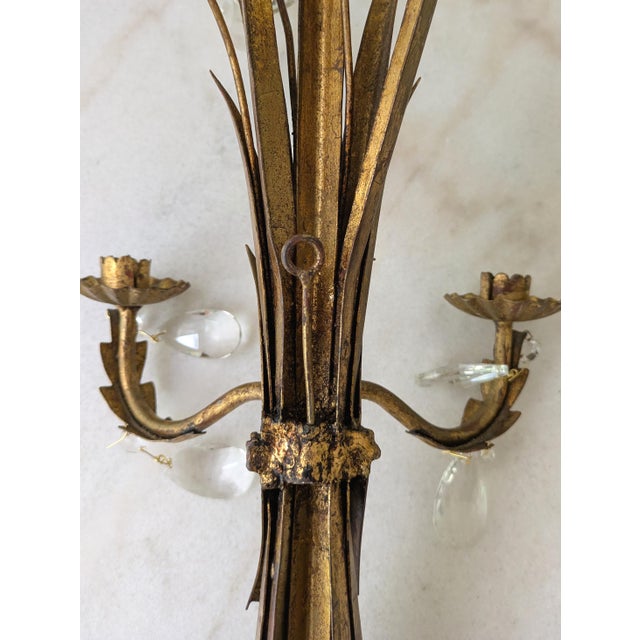 Metal Vintage Italian Gilt Tole 2 Arm Wheat Candle Sconce With Glass Prisms For Sale - Image 7 of 7