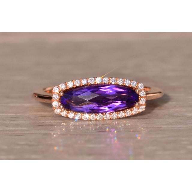 The 93rd Avenue: Contemporary Checkerboard Cut Elongated Amethyst and Natural Diamond Halo Ring in Rose Gold For Sale - Image 9 of 11