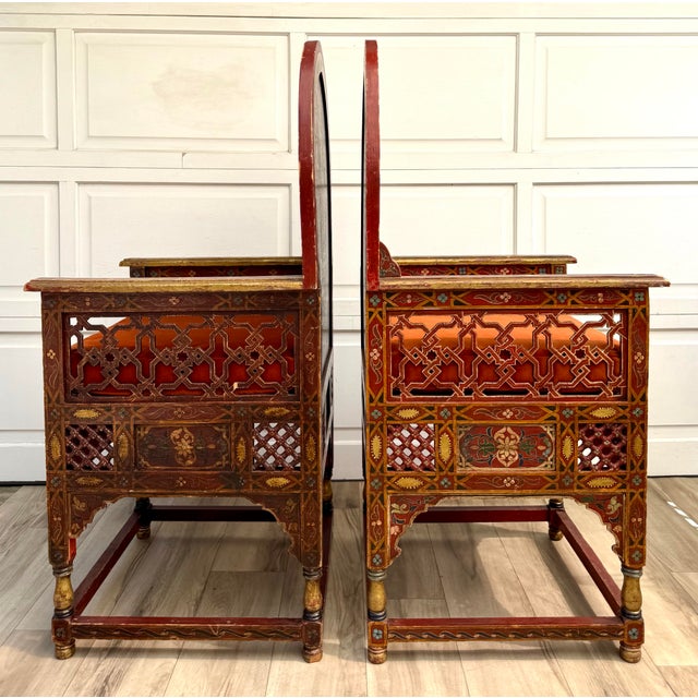 Vintage Moroccan Hand-Painted Carved Wood Throne Chairs - Pair For Sale - Image 13 of 18