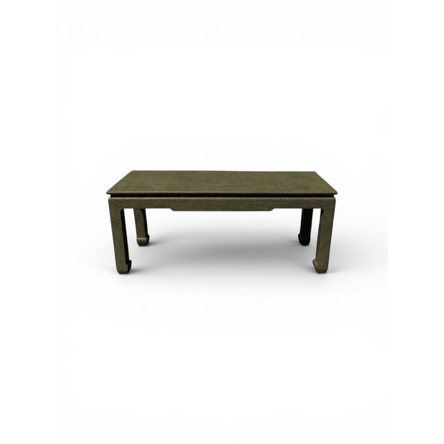Contemporary 1970s Organic Modern Karl Springer Style Lacquered Green Grasscloth Console Table For Sale - Image 3 of 6