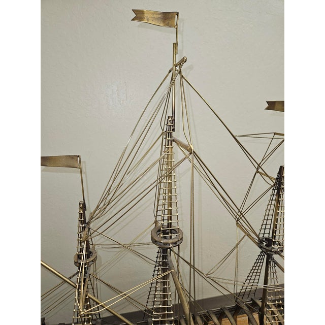 Brass Tall Ship Sculpture on Wooden Stand, Signed & Dated “C. Jere ’80” For Sale - Image 9 of 18