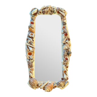 Vintage Seashell Encrusted Scalloped Wall Mirror Palm Beach Coastal Style For Sale