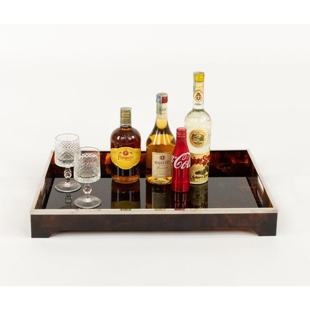Midcentury amazing rectangular serving tray or centerpiece in lucite faux tortoiseshell effect and chrome in the style of...