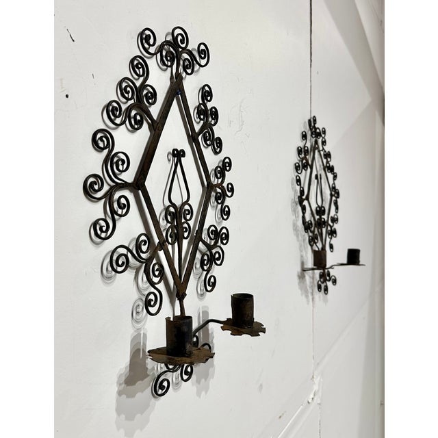 Mid 20th Century Pair Vintage Wrought Iron Candle Sconces For Sale - Image 5 of 5