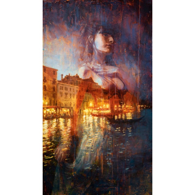 Daydream by Christopher Clark | Oil on Wood Panel Woman with cityscape reflection at night. For Sale