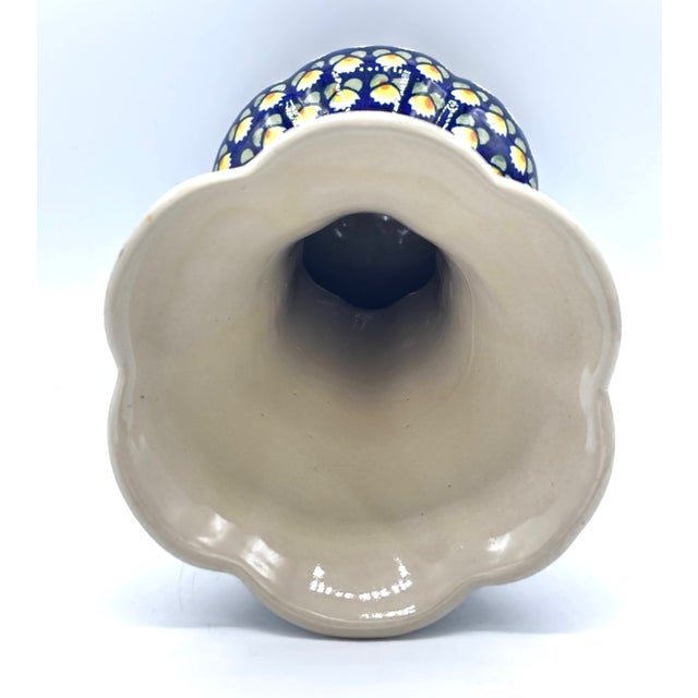 Mid-Century Modern Vintage MCM Polish Pottery Boleslawiec Large Ceramic Blue Floral Artist Signed Vase For Sale - Image 3 of 6
