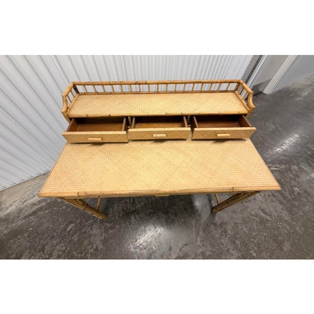 British Colonial Burnt Bamboo and Grasscloth Desk For Sale - Image 9 of 10