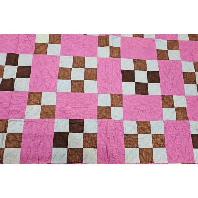 American Vintage American Amish “Nine Patch” Hand-Stitched Patchwork Quilt, 67" X 80" For Sale - Image 3 of 12
