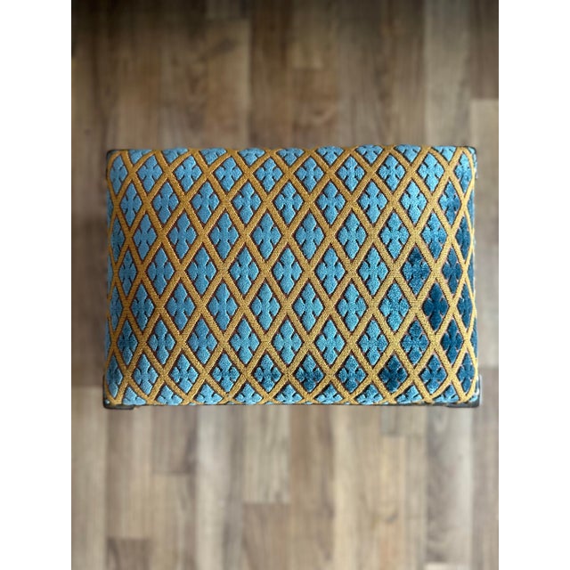 Antique Mahogany Footstool With Custom Blue and Gold Upholstery For Sale - Image 4 of 5