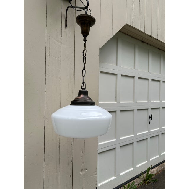 Vintage Dark Brass Hanging Fixture With Vintage 14" Diameter School House Globe For Sale In New York - Image 6 of 6