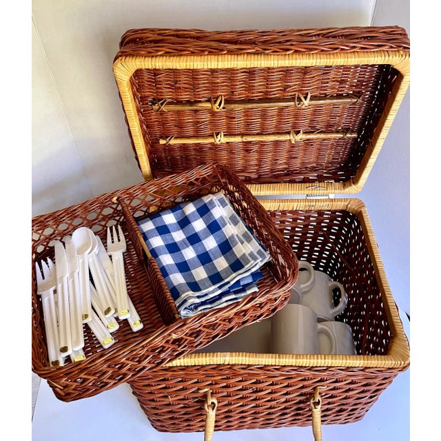 Vintage Woven Wicker Basket With Picnic Accessories- 22 Pieces For Sale - Image 12 of 13