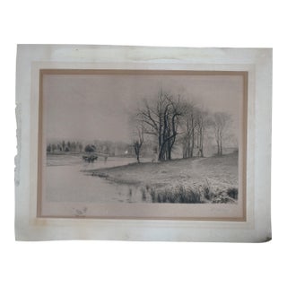 Antique William De La Montagne Cary Signed Cows Riverscape Etching 26" For Sale