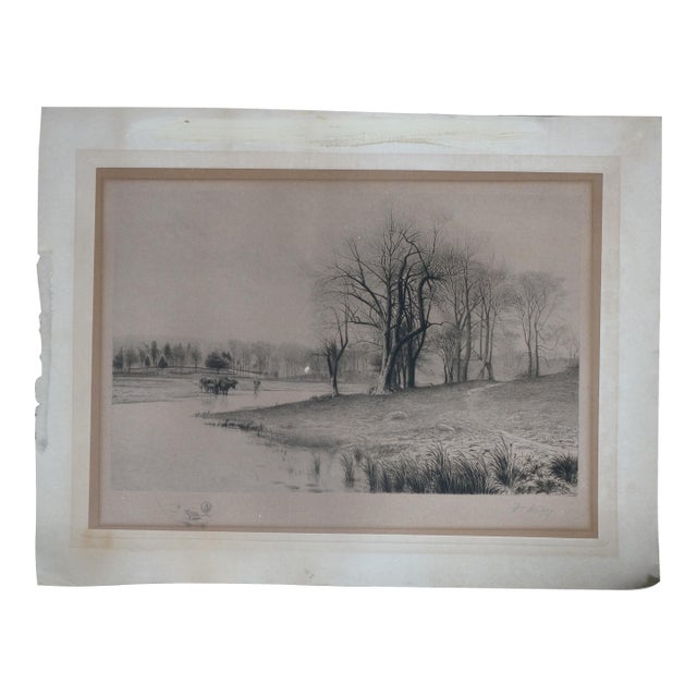 Antique William De La Montagne Cary Signed Cows Riverscape Etching 26" For Sale