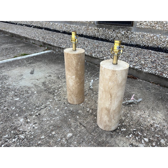 Mid-Century Modern 1970s Italian Modern Travertine Cylinder Lamps - a Pair For Sale - Image 3 of 9