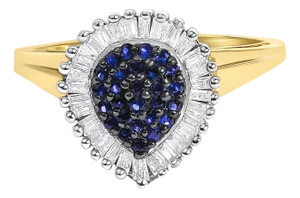 10K Yellow Gold 1/2 Cttw Round & Baguette Cut Diamond Pear Shaped Domed Pavé Cluster with Halo Cocktail Ring (J-K Color, I1-I2 Clarity) - Size 7.5