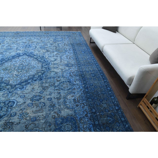 1970s Vintage Persian Handmade Wool Cotton Blue Area Rug For Sale - Image 4 of 11