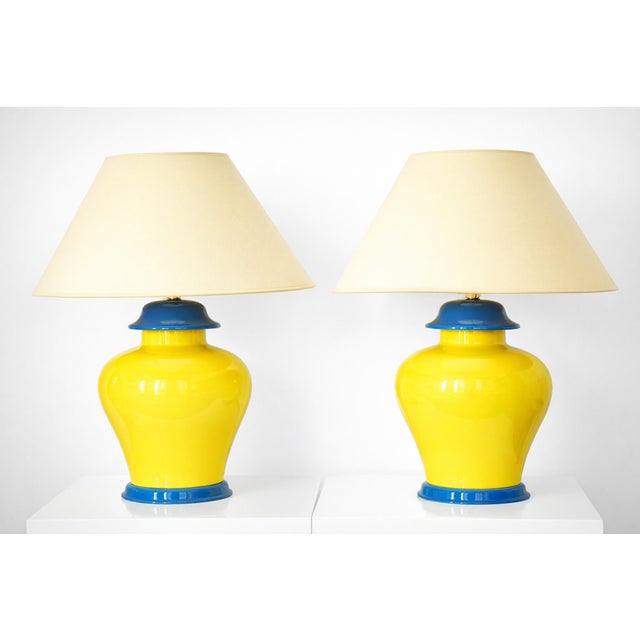 French Yellow and Cobalt Blue Glazed Ceramic Table Lamps, 20th Century, Set of 2 For Sale - Image 11 of 11