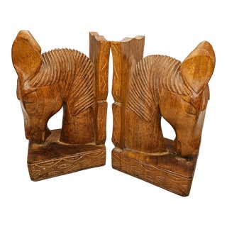 Vintage Monkey Pod Wood Hand Carved Horse Bookends For Sale