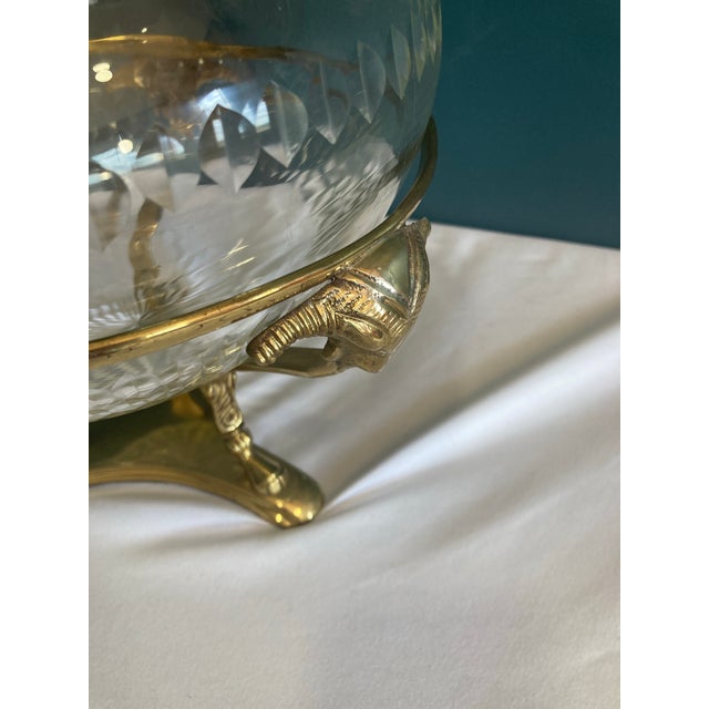 Hollywood Regency Brass Ram Head Footed Glass Bowl For Sale - Image 4 of 6