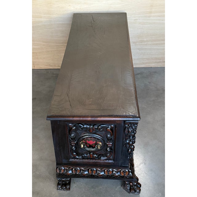 Wood 19th Spanish Baroque Carved Large Hall Bench With Storage For Sale - Image 7 of 15