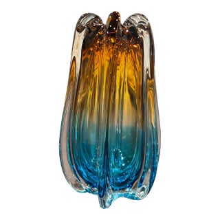 Vintage Murano-Style Tri-Color Hand-Blown Art Glass Vase | 9” H For Sale