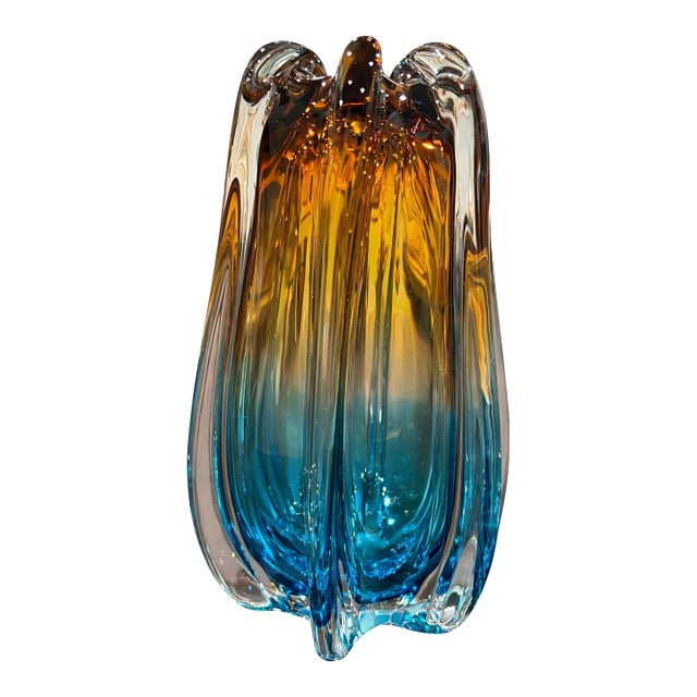 Vintage Murano-Style Tri-Color Hand-Blown Art Glass Vase | 9” H For Sale