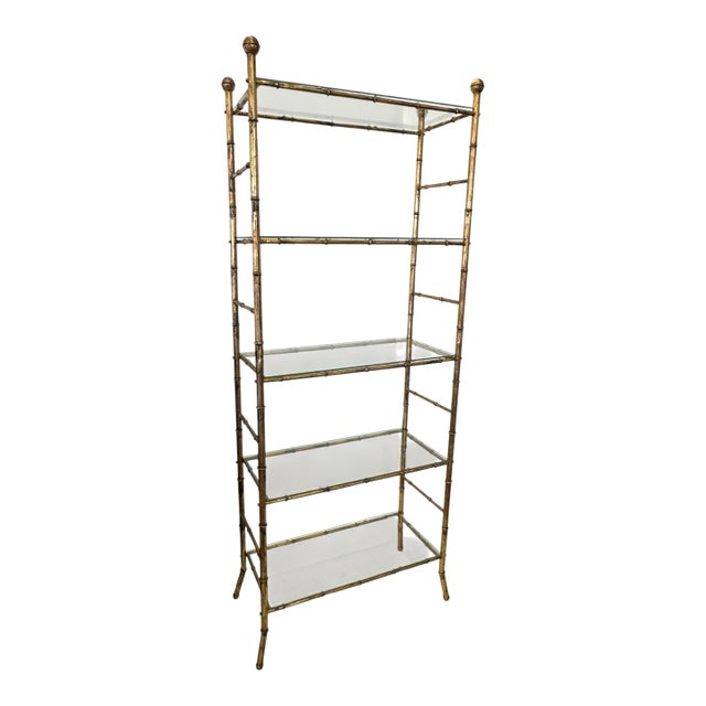 Mid 20th Century Hollywood Regency Gilt Faux Bamboo Étagère – Five-Tier Glass Shelf Display For Sale