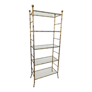 Mid 20th Century Hollywood Regency Gilt Faux Bamboo Étagère – Five-Tier Glass Shelf Display