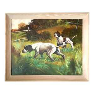 Mid-Century Birddogs Pointing Oil on Canvas Painting