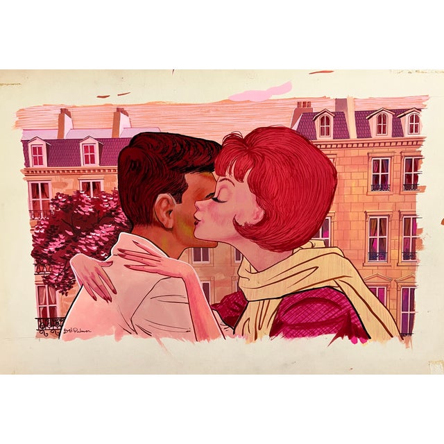 Excellent example of 1950s original commercial art by Del Palmer showing a man and woman kissing in front of typically...