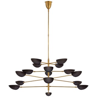 AERIN for Visual Comfort Signature Graphic Grande Four-Tier Chandelier in Hand-Rubbed Antique Brass with Black Shades For Sale
