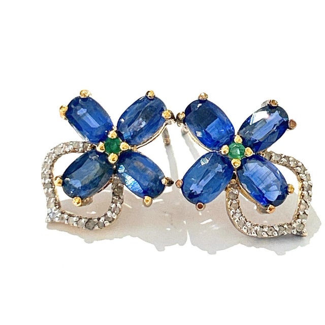 Bochic "Orient" Diamond, Emerald & Tanzanite Stud Earrings Set 18K Gold&Silver Gray natural diamonds - 1 carat Emeralds -...