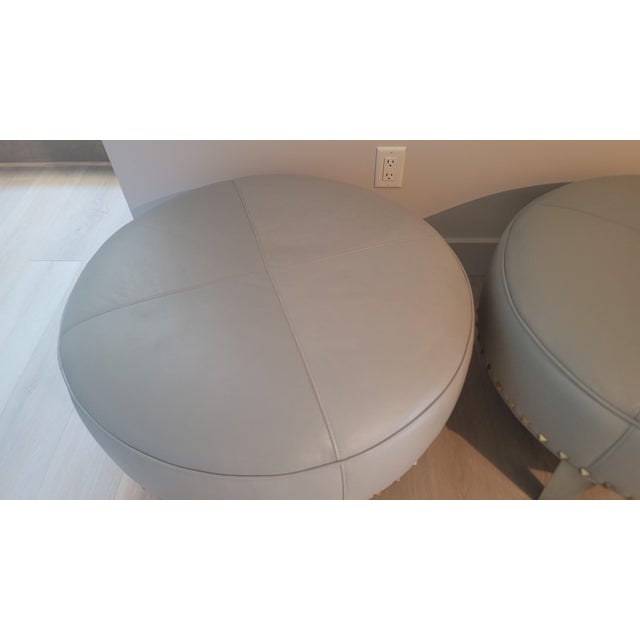 American Pair of Custom Round Dove Grey Leather Ottomans For Sale - Image 3 of 7