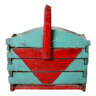 Antique Folk Art Wooden Crate Basket For Sale