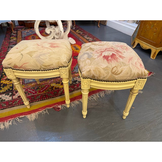 Mid 20th Century Vintage French Louis XVI Style Painted Stool With Floral Needlepoint Fabric and Nailhead Trim For Sale In Boston - Image 6 of 7
