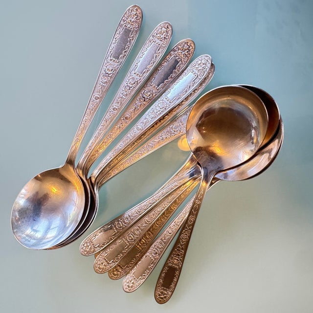 Silver 1930s Art Deco Bowl Soup Spoons (Gumbo) Mildred Silverplate, C1936 by National Silver Co 12 Pc Pruistine For Sale - Image 8 of 16