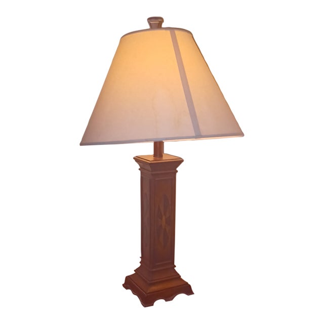 Mid 20th Century "Tiger" or Red Oak Pedestal Lamp With Custom Marquey Inlay in Sunburst Pattern For Sale