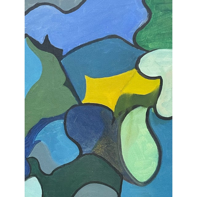 Vintage Abstract Geometric Acrylic Painting on Canvas Board in Blue and Green Tones.. For Sale - Image 9 of 10